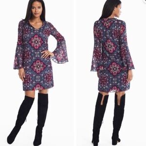 White House Black Market Blue Red Medallion Print Sheer Sleeve Shift Dress Large